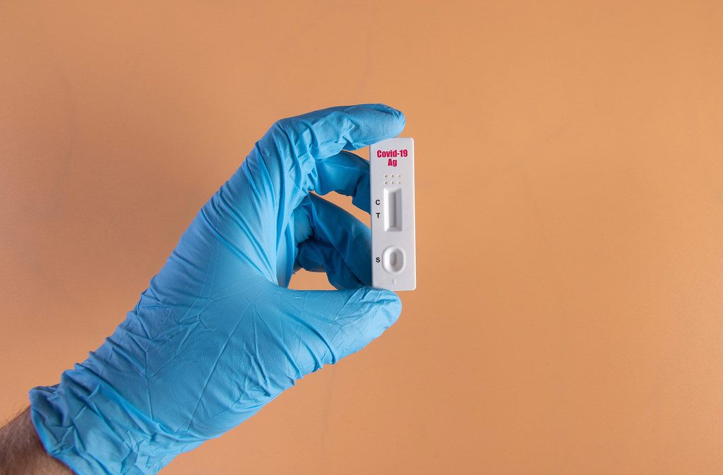 Hand in protective gloves holding rapid antigen test for Covid-19 Hand in protective gloves holding rapid antigen test for Covid-19