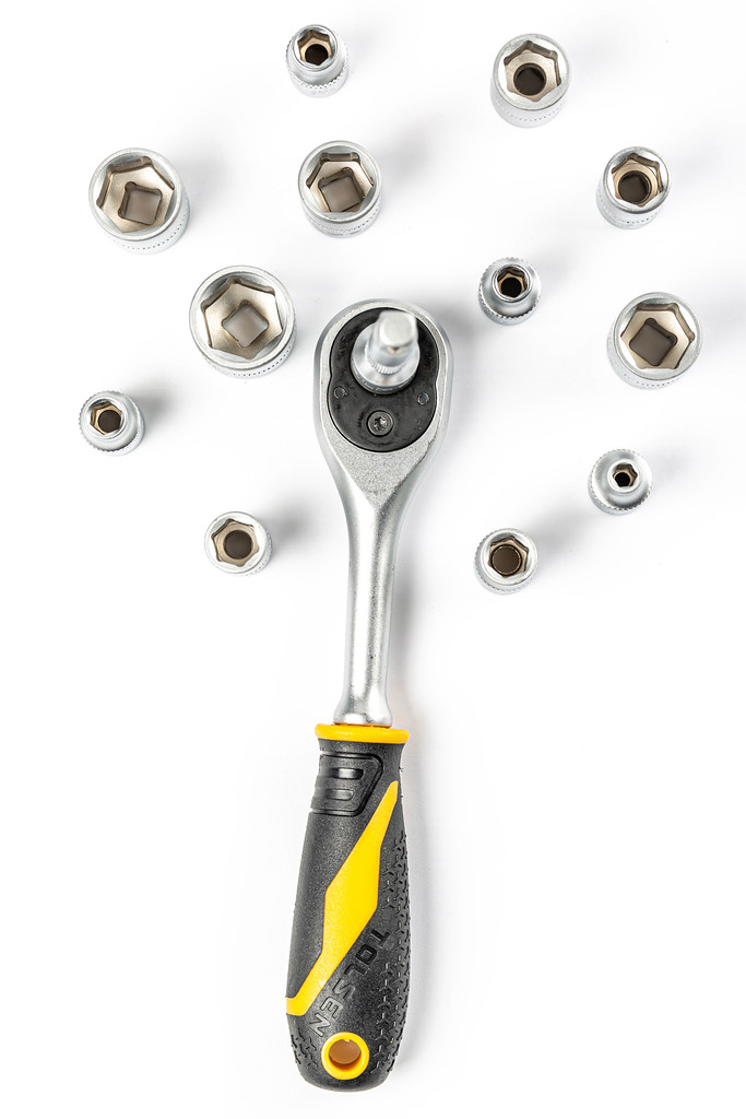 Top view, ratchet wrench and socket set Top view, ratchet wrench and socket set