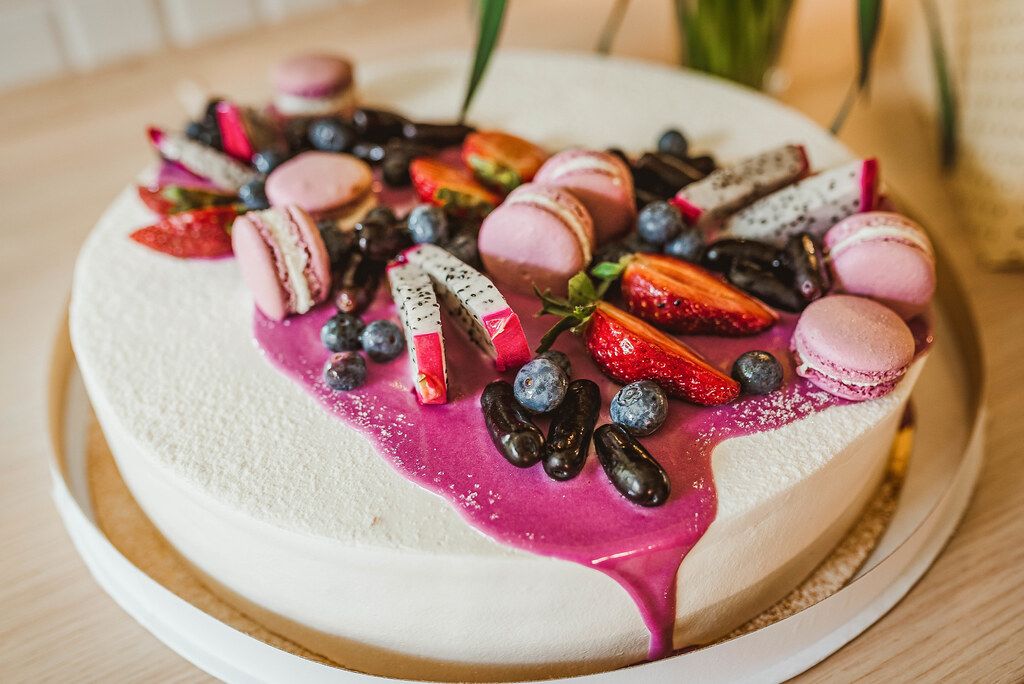 Yogurth Cake With Berries, Jelly Beans, Papaya, Macaroons Yogurth Cake With Berries, Jelly Beans, Papaya, Macaroons