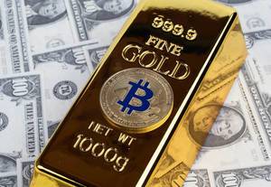 Bitcoin with gold bar and money Bitcoin with gold bar and money