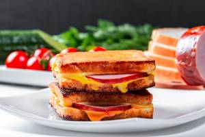 Delicious big hot sandwich on a white plate Delicious big hot sandwich on a white plate