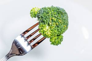 Fork with a piece of green broccoli Fork with a piece of green broccoli