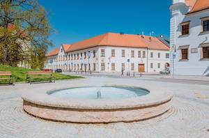 Fountain at gable facade of historical Austerlitz palace Fountain at gable facade of historical Austerlitz palace