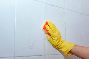 Housemaid cleaning a bathroom tiles Housemaid cleaning a bathroom tiles