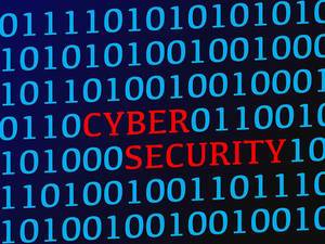 Red Text Cyber Security between Blue Binary Code Data on Screen