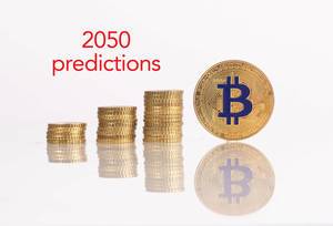 Stack of gold coins with golden Bitcoin and 2050 predictions text Stack of gold coins with golden Bitcoin and 2050 predictions text