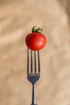 Tomato on fork. Vetical photo. Tomato on fork. Vetical photo.